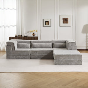 English Elm Compression Modular Sofa Bed, Versatile Light Grey Fleece Couch, No Assembly, 3-Seater & Ottoman W3723S00024