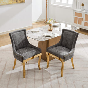 English Elm Chenille Modern Dining Chair with Curved Gold-Plated Legs, Rivet Trim, Textured Upholstery Comfort Gray W1143P332686