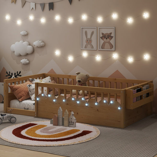 English Elm Twin Montessori Floor Bed Frame with High Rails and Built-In Light Shelf for Safe Independent Sleep Natural 79.13 L x 13 W x 6.3 H W2593P333571