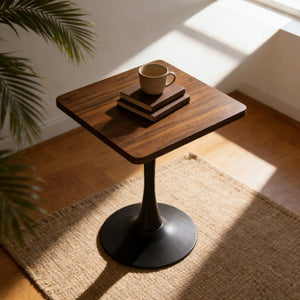 English Elm Square Tulip Pedestal Bistro Table Mid Century Walnut Finish Compact Dining for Two W2641P460037