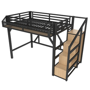 English Elm Twin Metal Loft Bed with Wardrobe Shelves Storage Stairs Led Lighting Usb Ports W1580S00404