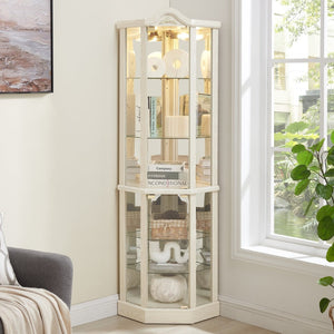 English Elm Glass Corner Curio Cabinet Lighted Dark Wood Display with Carved Crown Floral Detail White W2275P292644