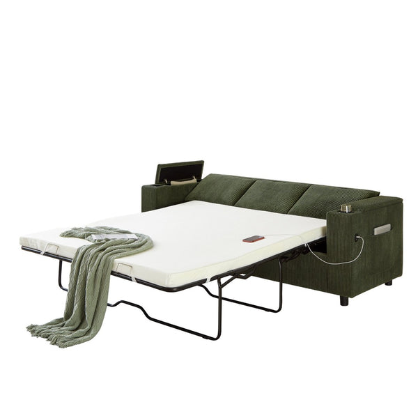 English Elm 81" Queen Sleeper Sofa with Pull Out Bed Storage Charging Ports and Cup Holders Green W3705S00042