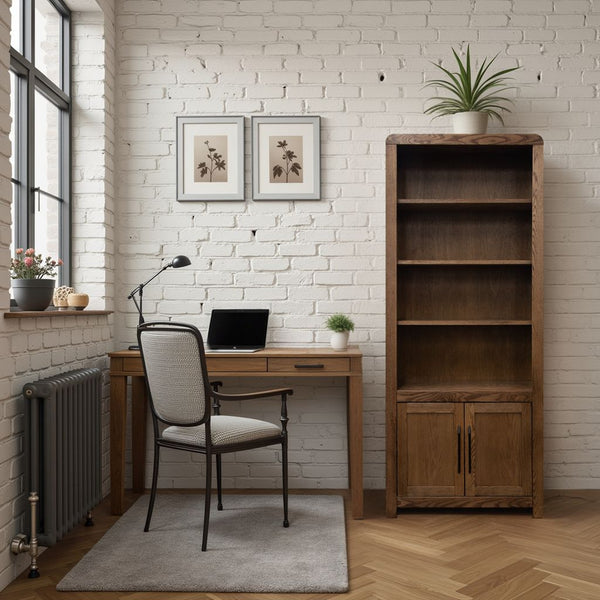 English Elm Haven 78" Bookcase Pier Cabinet — Oak Veneer, Curved Transitional Design with Shelves & Doors (No Assembly) Brown B108P364417