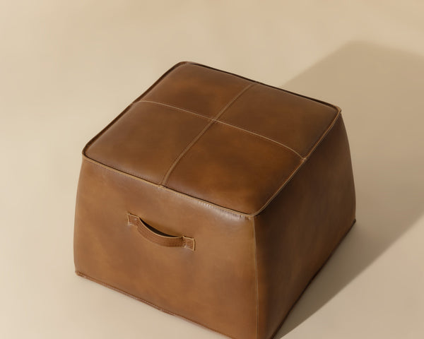 Sunpan Aspen Ottoman - Stylish Faux Leather Cube with Decorative Handle for Modern Spaces, 21" Square Tobacco Tan