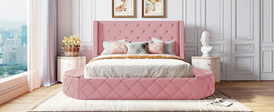 English Elm Upholstered Queen Platform Bed Velvet Wingback Frame with Storage Drawer and Side Stools Pink LP200815AAH