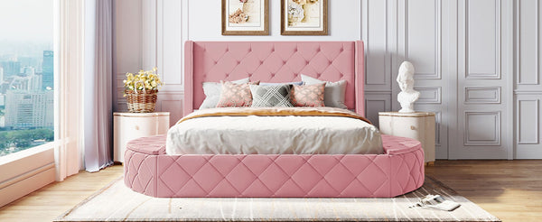 English Elm Upholstered Queen Platform Bed Velvet Wingback Frame with Storage Drawer and Side Stools Pink LP200815AAH