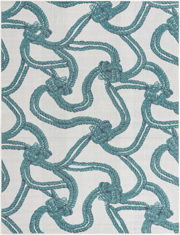 Unique Loom Outdoor Coastal Tethered Machine Made Solid Print Rug Ivory, Navy Blue/Green 7' 10" x 10' 0"