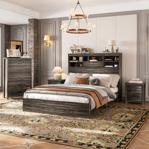 English Elm 4PCS Queen Bedroom Set with Storage Headboard & Built‑In Charging Station, 2 Nightstands, Dresser Antique Gray 54.25 L x 18.75 W x 9.25 H N733S307937A
