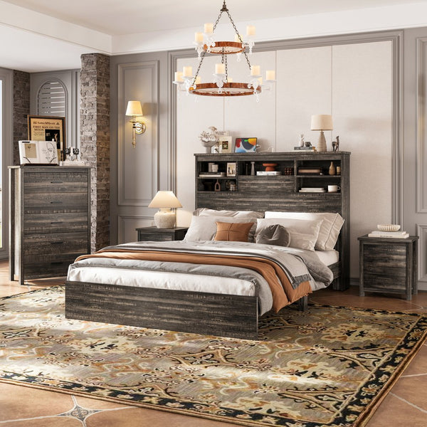 English Elm 4PCS Queen Bedroom Set with Storage Headboard & Built‑In Charging Station, 2 Nightstands, Dresser Antique Gray 54.25 L x 18.75 W x 9.25 H N733S307937A