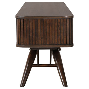 English Elm Stewart Walnut TV Stand with Sliding Door Fronts, Mid-Century Console Table, Cord-Managed Shelf, Ribbed Detail B062P354057