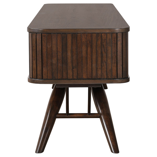 English Elm Stewart Walnut TV Stand with Sliding Door Fronts, Mid-Century Console Table, Cord-Managed Shelf, Ribbed Detail B062P354057