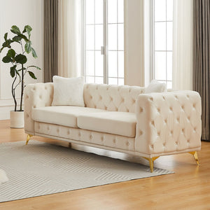 English Elm Fx Chesterfield Velvet Sofa with Diamond Tufting Polished Legs and Accent Pillows Beige W1926S00080