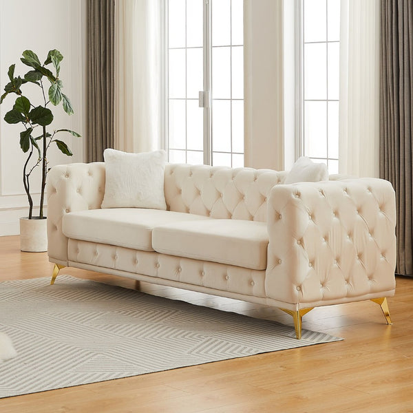 English Elm Fx Chesterfield Velvet Sofa with Diamond Tufting Polished Legs and Accent Pillows Beige W1926S00080