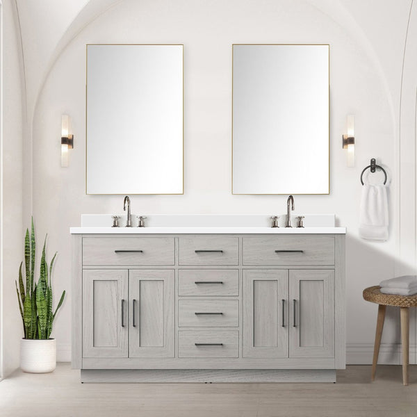 English Elm White Oak Double Bath Vanity 60” With White Quartz Top & 55” Frameless Mirror, Stylish Storage Solution B2731S01411-GIGA