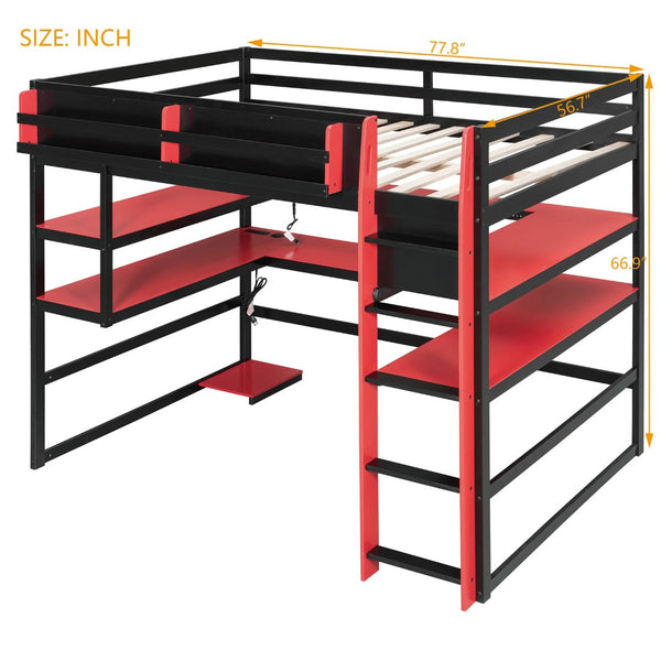 English Elm Full Size Gaming Loft Bed with Rgb Lights Wraparound Shelves and Built-in Usb Ports Red LT000299AAJ