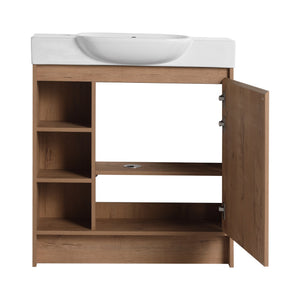 English Elm 30'' Freestanding vanity with white ceramic sink, soft-close doors, water-resistant melamine finish, modern handle design Imitative Oak W999P310754
