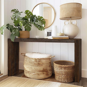 English Elm Monterey Solid Wood Console Table 64"W in Tobago Smoke Finish — Narrow Entryway, Modern Distressed Look B03548280