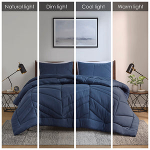 JLA Home Intelligent Design - Quilted Remy Chevron Comforter Set with Plush 350gsm Fill, Hypoallergenic OEKO-TEX, Machine Washable Luxury Navy ID10-2296