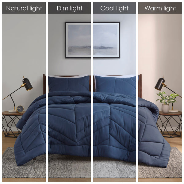 JLA Home Intelligent Design - Quilted Remy Chevron Comforter Set with Plush 350gsm Fill, Hypoallergenic OEKO-TEX, Machine Washable Luxury Navy ID10-2296