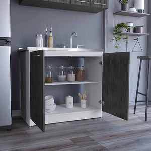 English Elm Freestanding Sink Cabinet With Double Doors & Adjustable Shelves In White And Smokey Oak Finish B097S00138