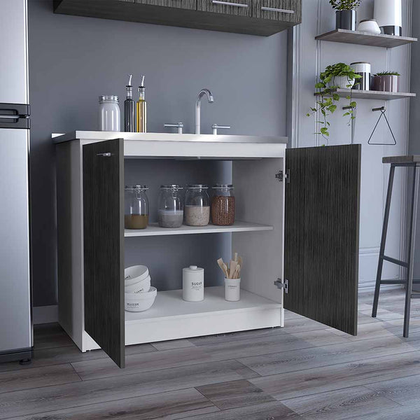 English Elm Freestanding Sink Cabinet With Double Doors & Adjustable Shelves In White And Smokey Oak Finish B097S00138
