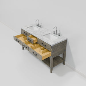 English Elm Grey Oak Double Bath Vanity 60" W x 22" D with Carrara Marble Top, Chrome Faucet, Soft-Close Drawers B2731P260268
