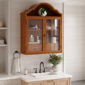 English Elm Vintage Wave-top Solid Wood Wall Cabinet Distressed Brown Finish for Kitchen or Bath W757P433279