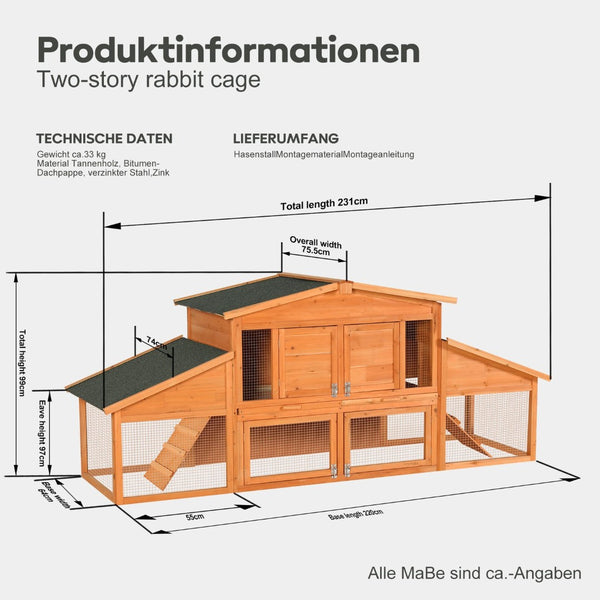 English Elm Extra-large Fir Wood Rabbit Hutch Two Story Outdoor Home with Asphalt Roof and Pull Tray W3921S00003