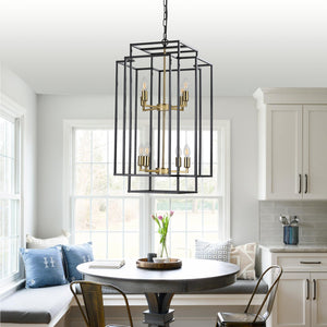 English Elm 18" Modern 8-Light Geometric Pendant Chandelier, Industrial Metal Frame, Adjustable 60" Drop, Stylish Lighting Black+Gold W2312P374788
