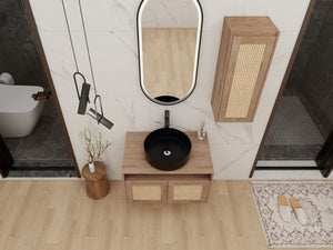 English Elm 30" Floating Bathroom Vanity Set with Ceramic Vessel Sink and Rattan Side Cabinet W999S00496
