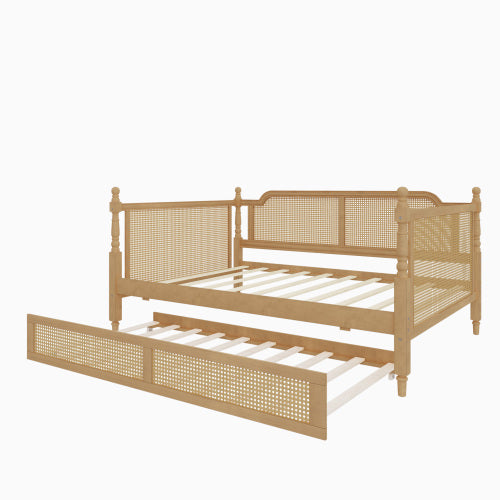Traditional Woven Rattan Full Daybed with Pull Out Trundle Antique Walnut Pine Frame