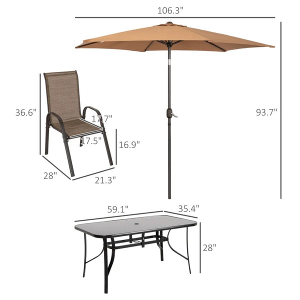 English Elm Outdoor Eight Piece Patio Dining Set with Mesh Chairs Tempered Glass Table and Umbrella T3971S00146
