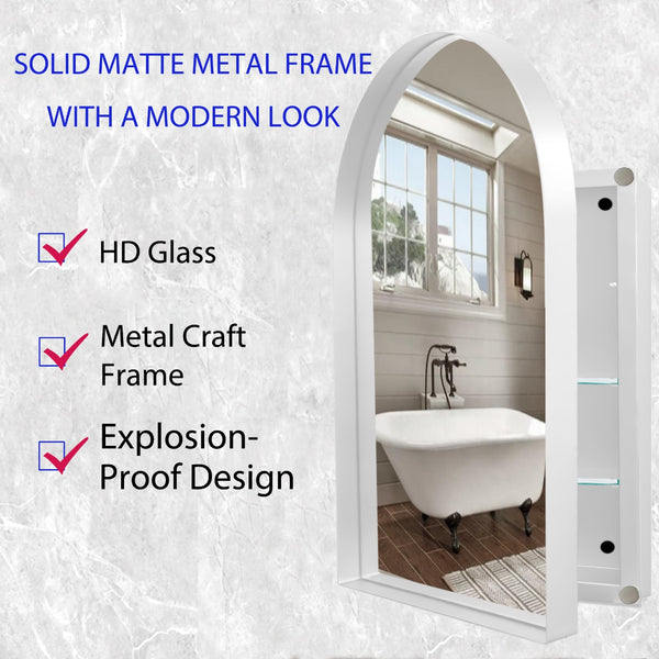English Elm 24x36 Arched Recessed Medicine Cabinet White Metal Frame Mirror with Adjustable Shelves, Elegant Bathroom Storage Upgrade W1435P202407
