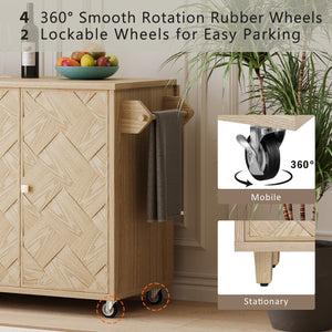 English Elm K&K Farmhouse Kitchen Island with 3D Wave Stripes Ash Veneer, Drop Leaf, Rolling Cart Storage Natural Wood N707P207916Y