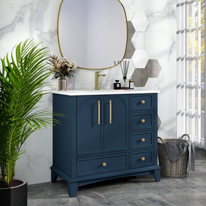 English Elm 35.6" Freestanding Bathroom Vanity with Roman Column Base and Ceramic Integrated Sink Blue W1801S00002
