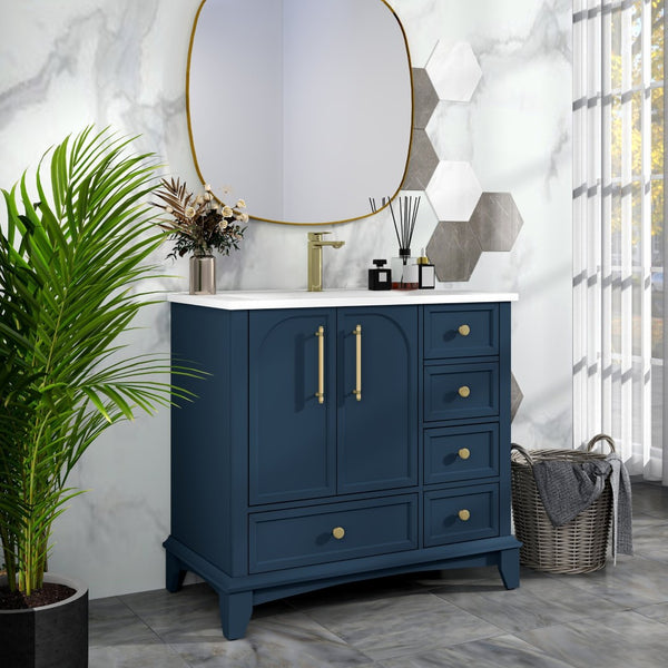 English Elm 35.6" Freestanding Bathroom Vanity with Roman Column Base and Ceramic Integrated Sink Blue W1801S00002