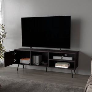 English Elm Mescal modern TV stand with concealed door and open shelving, conical legs, sleek storage center Wenge 68.5 L x 20.9 W x 5.1 H B128P263711