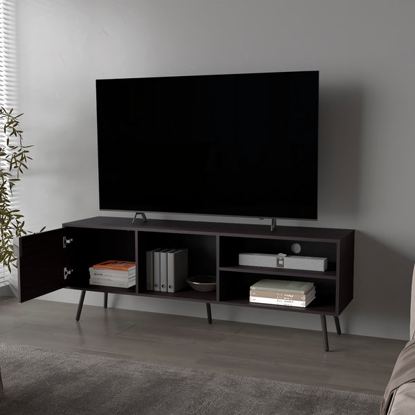 English Elm Mescal modern TV stand with concealed door and open shelving, conical legs, sleek storage center Wenge 68.5 L x 20.9 W x 5.1 H B128P263711