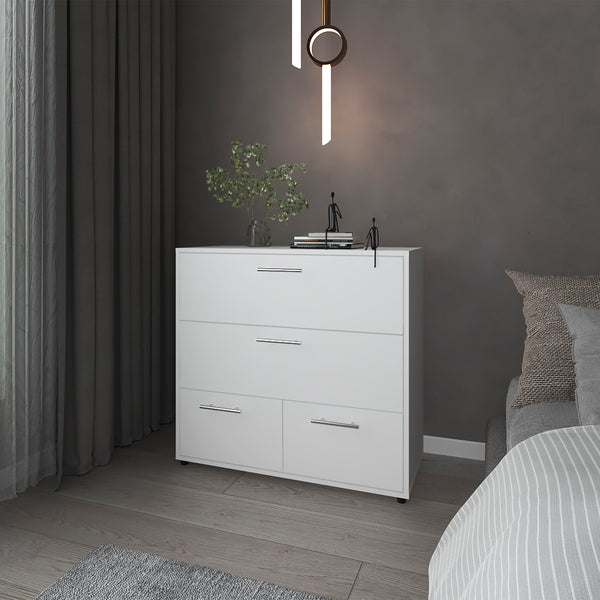 English Elm Oto Modern 4-Drawer Dresser White — Sleek Minimalist Chest with Metal Handles, Durable Storage Solution B128P343783