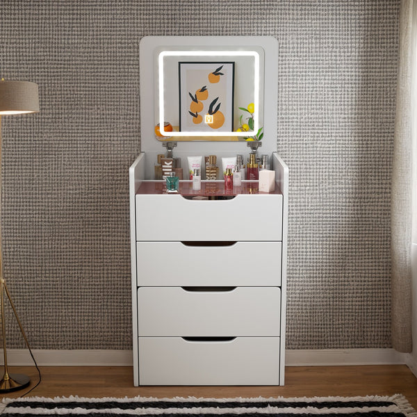English Elm (60CM) 3-in-1 Vanity Desk with Lighted Flip Mirror, Glass Top, 3 Drawers & Cushioned Stool — White W2641P192314