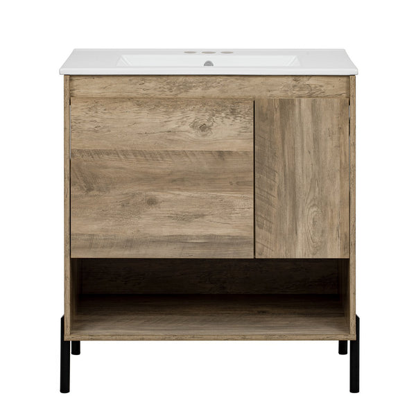 English Elm 30" Modern Wood Bathroom Vanity with Ceramic Sink, Soft-Close Door, Drawer Dividers & Open Shelf N710P247136P