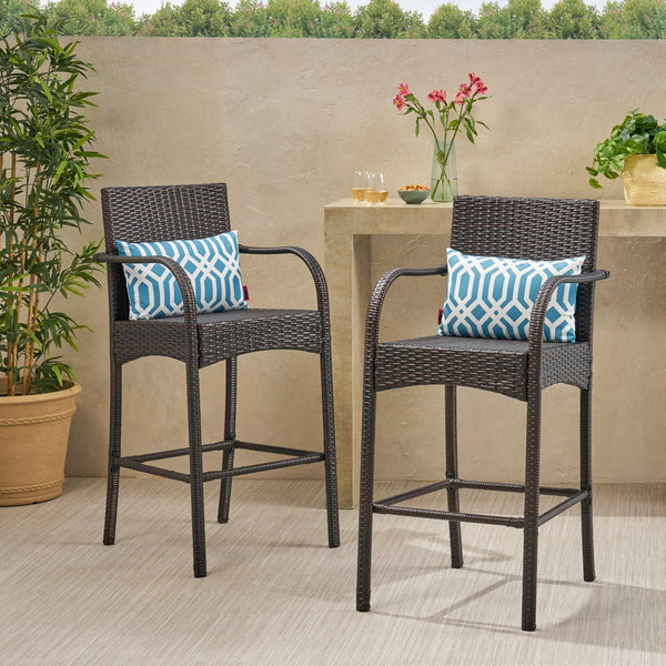 English Elm Christopher Knight Home® - CASCADA Outdoor Wicker Barstools Set of 2 — Durable Powder-Coated Iron Frame, Handcrafted Faux Rattan Lounge Brown 64901.00MBRN