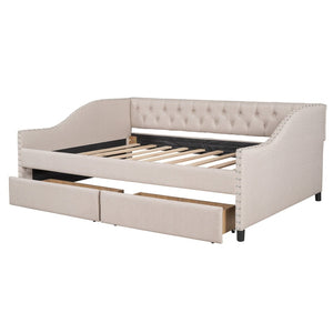 English Elm Upholstered Full Daybed with Linen Tufted Back Rivet Arms and Two Storage Drawers LP002111AAA