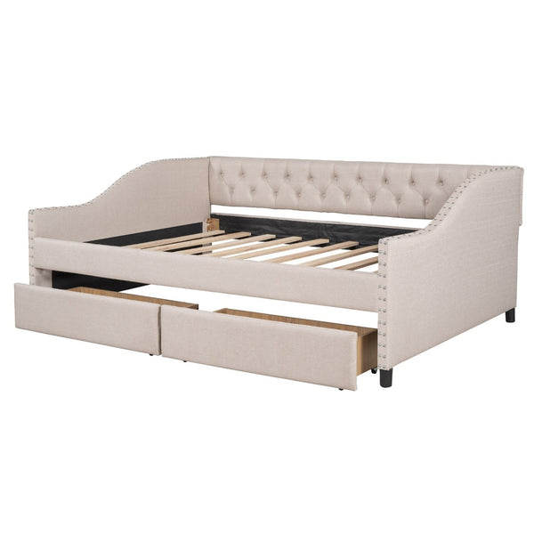 English Elm Upholstered Full Daybed with Linen Tufted Back Rivet Arms and Two Storage Drawers LP002111AAA