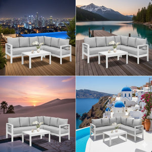 English Elm 4-piece Aluminum Modular Outdoor Sectional Set Seats 7 with Cushions and Wpc Table B082S00081