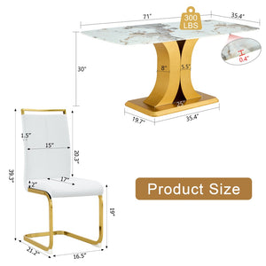 English Elm Table Set: Luxurious 71" Pandora Glass Dining Table With 8 White Pu Chairs & Gold C-Shaped Legs W1151S03232-GIGA