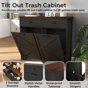 English Elm Farmhouse Black Barn Door Double Tilt-Out Trash Cabinet with 2 Drawers, 2x10Gal Hidden Recycling Storage and Waterproof Woodgrain Top W2557P324524