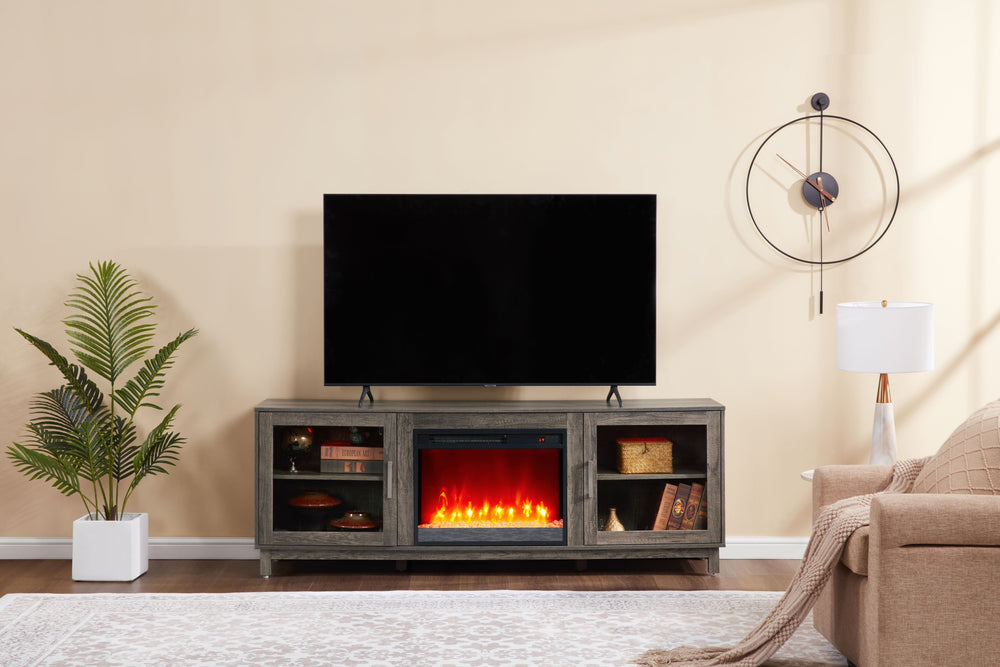 English Elm Summit 74" Gray Walnut TV Stand Console with Electric Fireplace Heater, Multi-Color Flames & Storage B061P352458