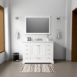 English Elm White Single Bath Vanity 48 in. W x 22 in. D with Carrara Marble Top, Solid Wood, Soft-Close Drawers B2731P258204